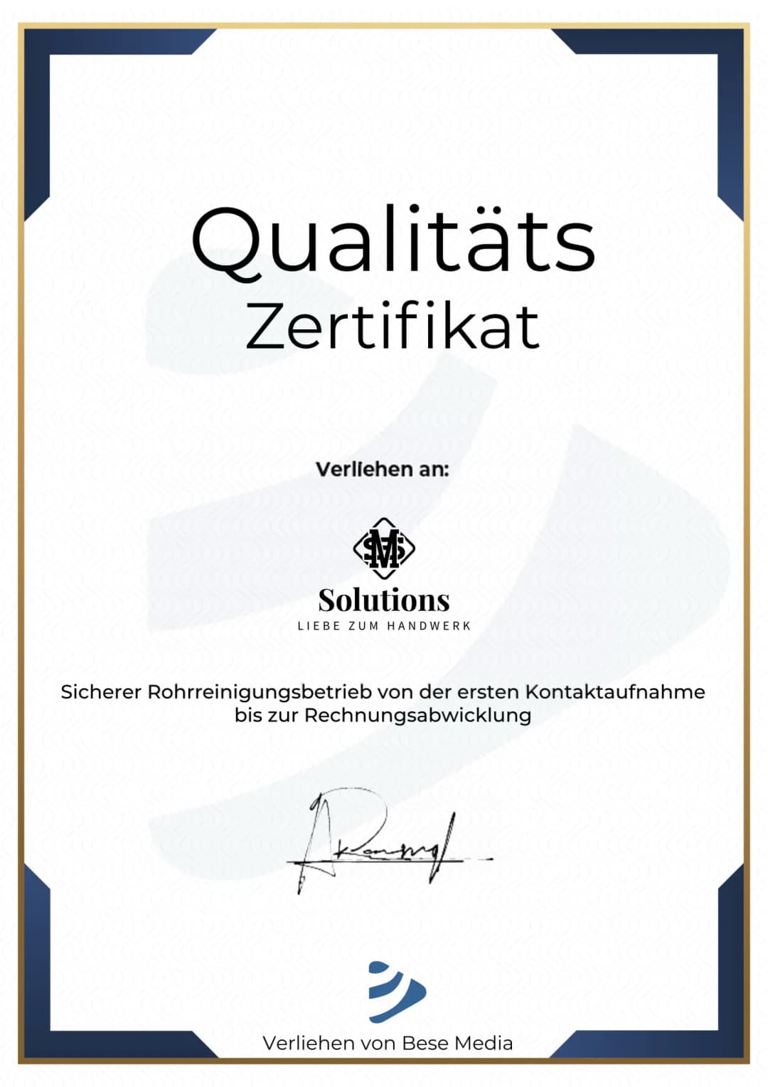 Qualitätszertifikat der AAA-Abfluss Rohrreinigungsfirma